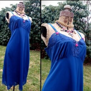 Vintage 70s navy blue upcycled grunge lace slip dress ruffled nightie Womens M